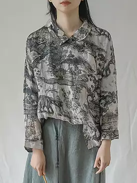 Vintage Floral Ramie Autumn Women Loose Shirt