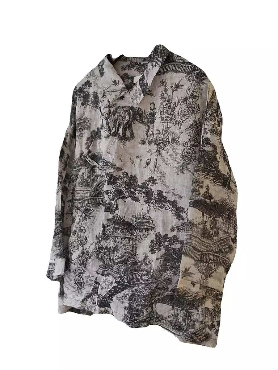 Vintage Floral Ramie Autumn Women Loose Shirt