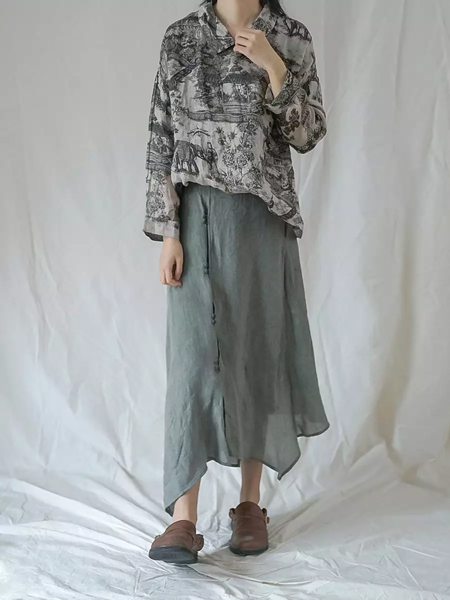 Vintage Floral Ramie Autumn Women Loose Shirt