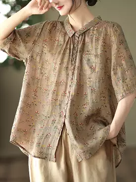 Vintage Floral Ramie Casual Summer Women Shirt