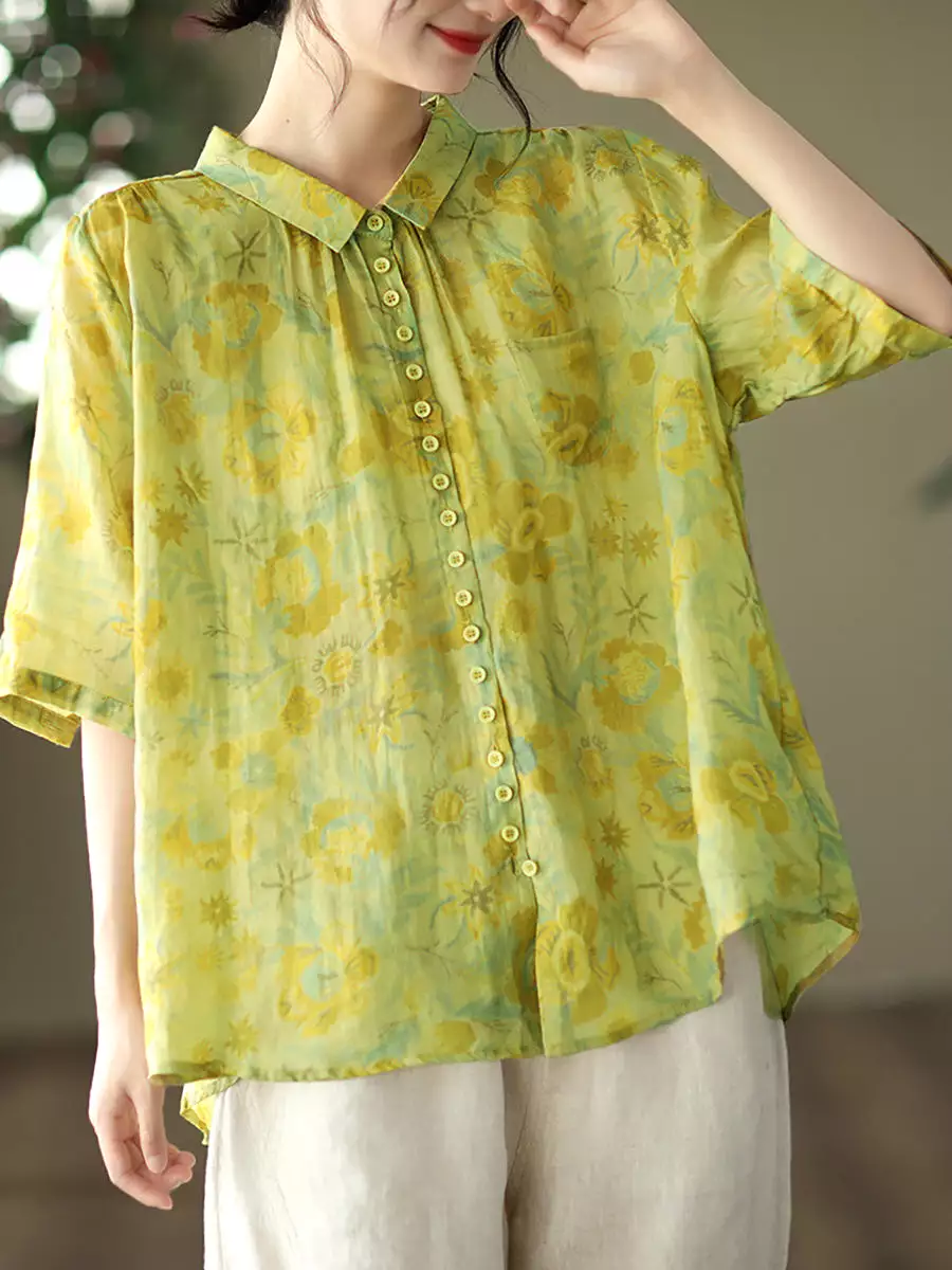 Vintage Floral Ramie Casual Summer Women Shirt