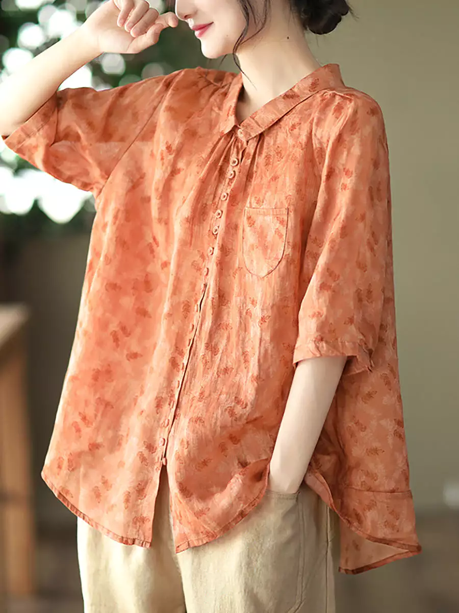 Vintage Floral Ramie Casual Summer Women Shirt