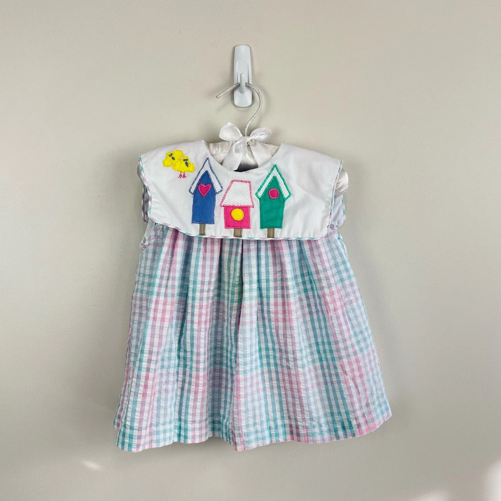 Vintage Samara Pastel Plaid Seersucker Bird House Dress 18 Months