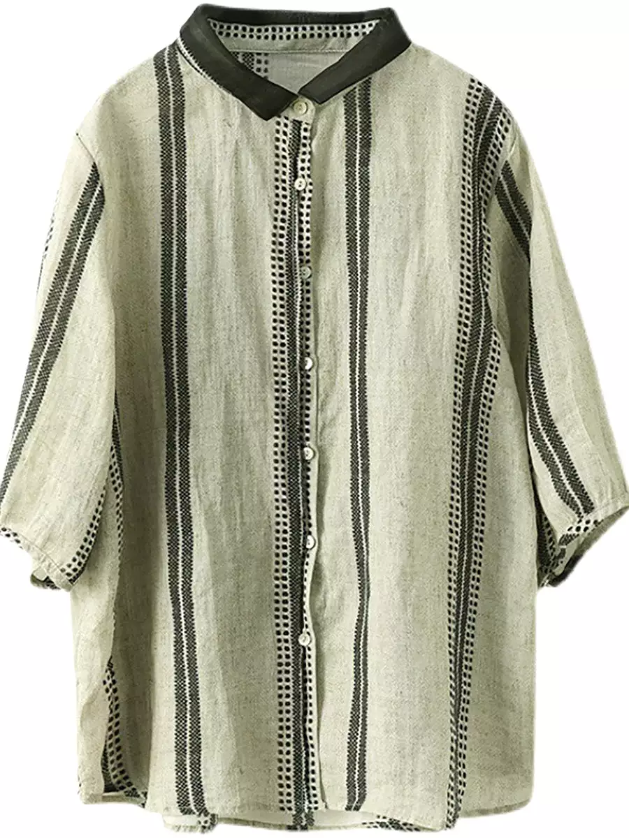 Vintage Stripe Ramie Casual Summer Women Shirt