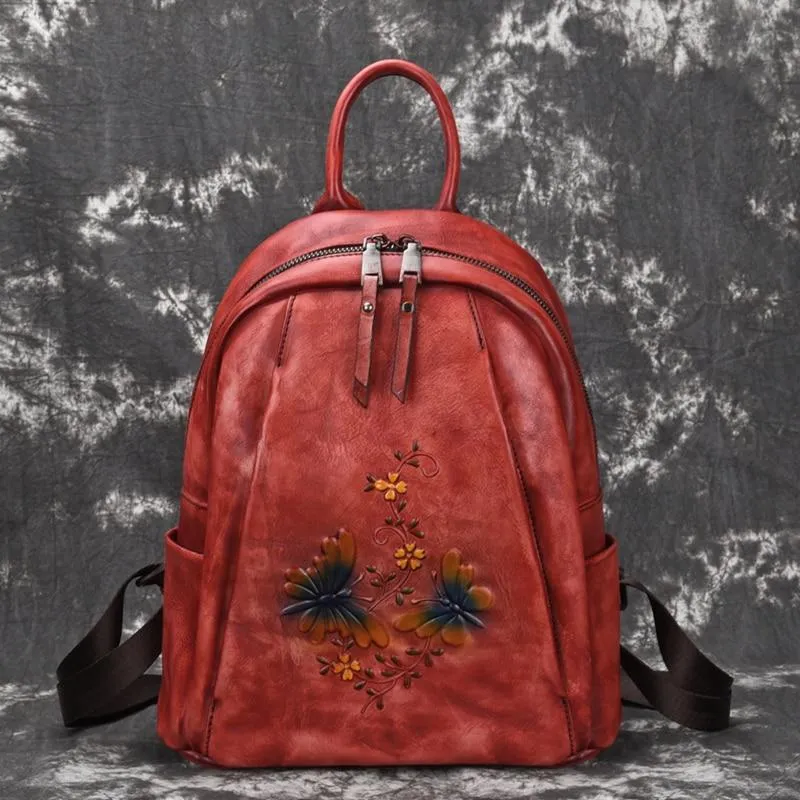 Vintage Women's Genuine Leather Flower Design Zipper Travel Bag Backpack