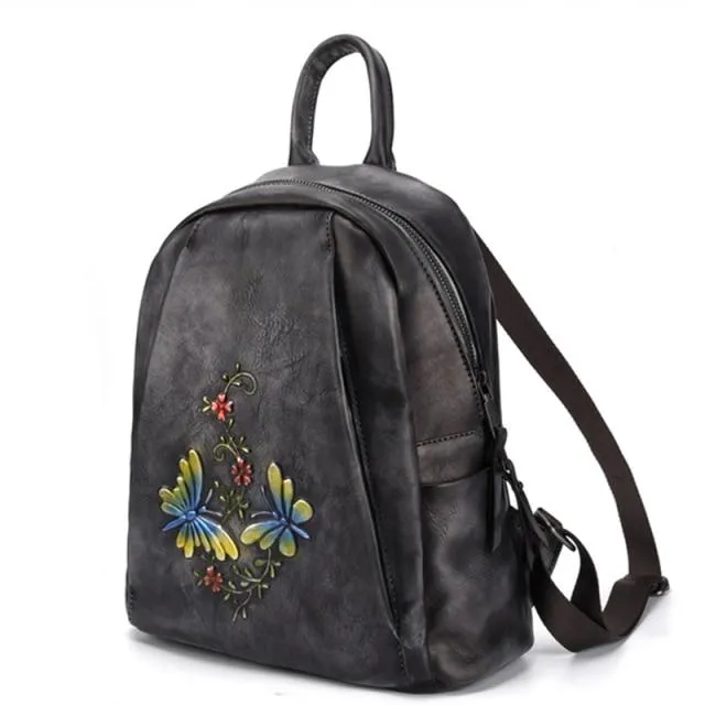 Vintage Women's Genuine Leather Flower Design Zipper Travel Bag Backpack