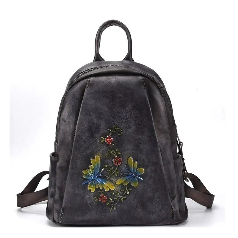 Vintage Women's Genuine Leather Flower Design Zipper Travel Bag Backpack