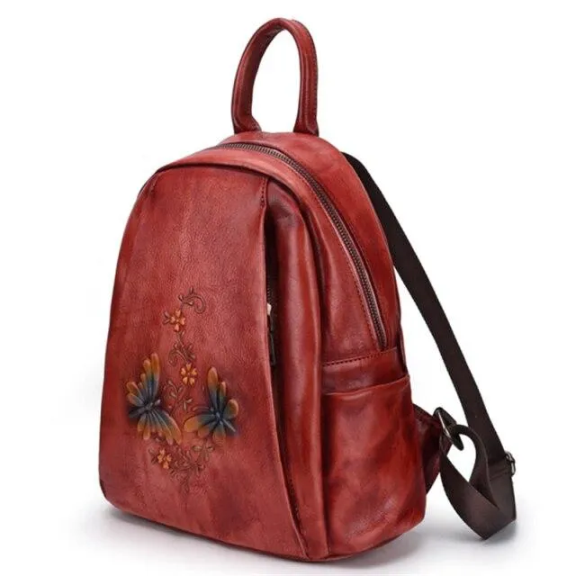 Vintage Women's Genuine Leather Flower Design Zipper Travel Bag Backpack