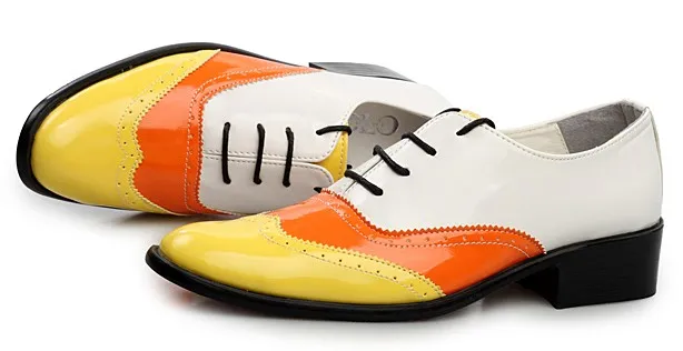 White Orange Patent Pointed Head Lace Up Mens Oxfords Shoes