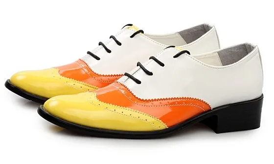 White Orange Patent Pointed Head Lace Up Mens Oxfords Shoes