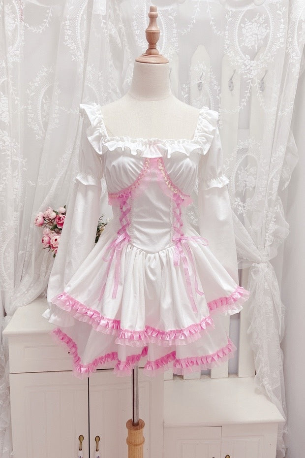 White pink sweet lotus corduroy dress