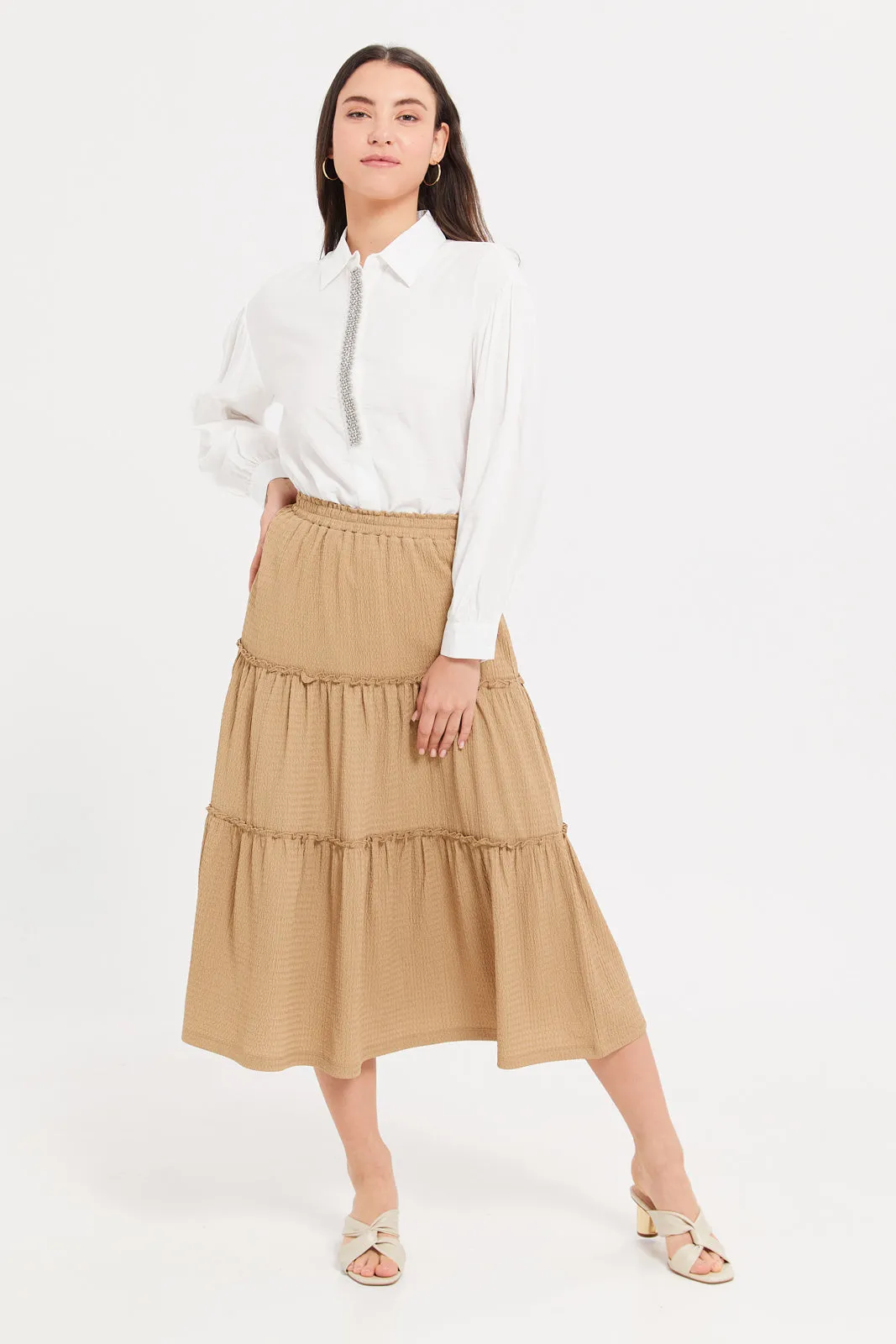 Women Beige Tiered A-Line Skirt