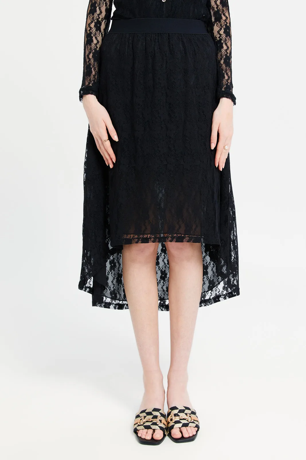 Women Black Gathered Lace Skirt