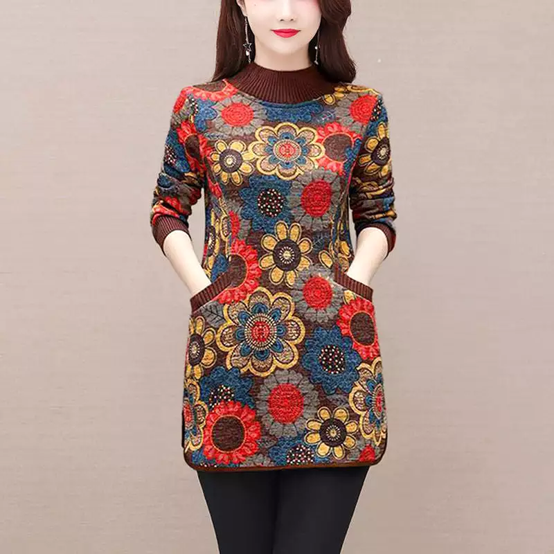 Women Elegant Pullovers  Fashion Floral Print Long Sleeve Pockets T-shirt