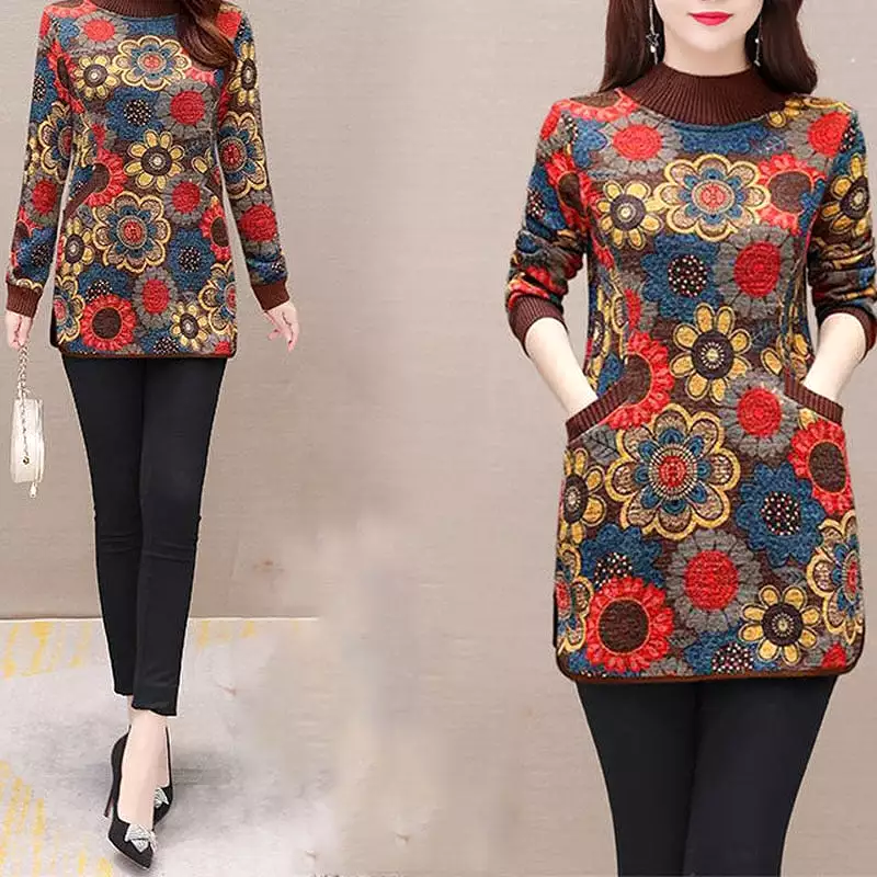 Women Elegant Pullovers  Fashion Floral Print Long Sleeve Pockets T-shirt