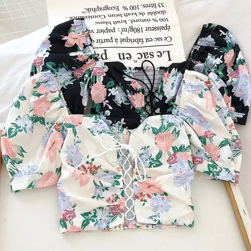 Women Floral Print  Drawstring Blouses Short Sleeve French Vintage Bandage Lace Tops