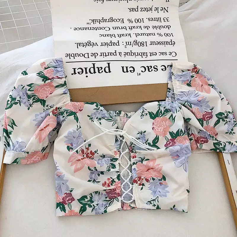 Women Floral Print  Drawstring Blouses Short Sleeve French Vintage Bandage Lace Tops