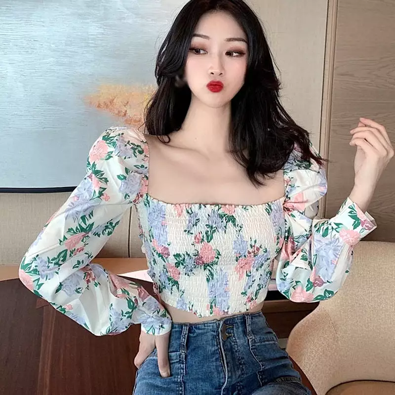 Women Floral Print  Drawstring Blouses Short Sleeve French Vintage Bandage Lace Tops