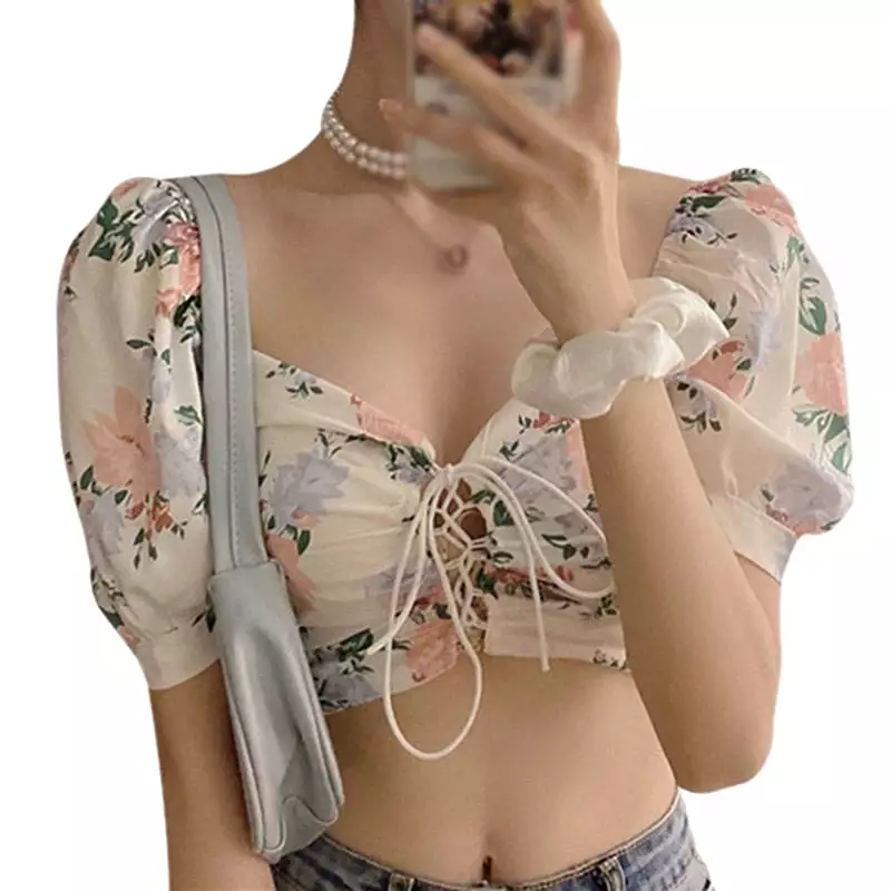 Women Floral Print  Drawstring Blouses Short Sleeve French Vintage Bandage Lace Tops