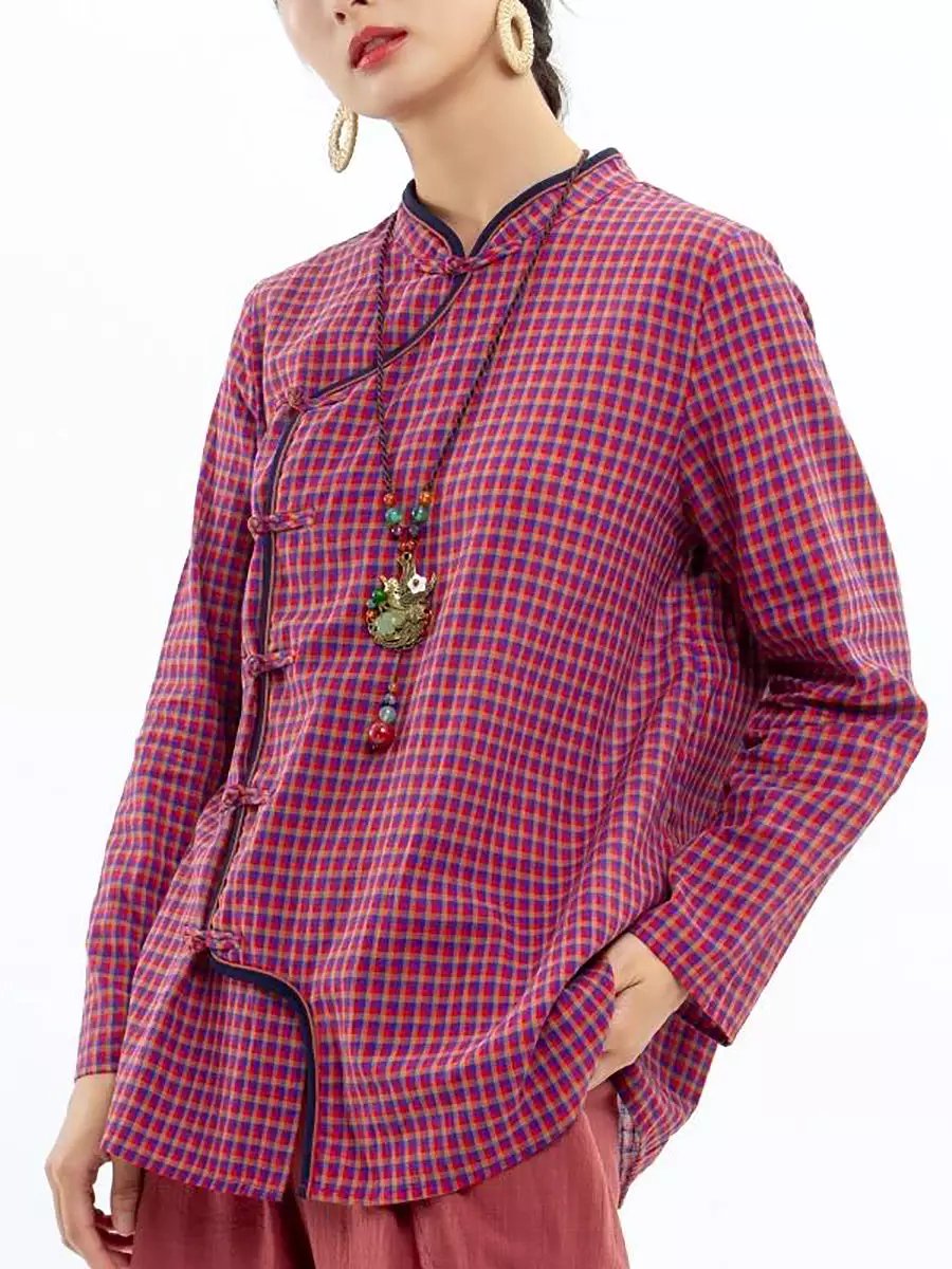 Women Retro Casual Plaid Linen Shirt