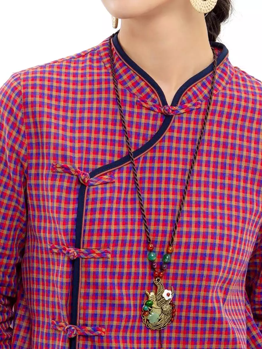 Women Retro Casual Plaid Linen Shirt