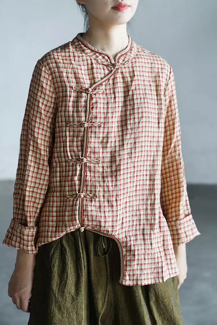 Women Retro Casual Plaid Linen Shirt