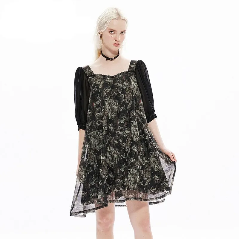 Women's Gothic Vintage Puff Sleeved Cat Printed Chiffon Dress