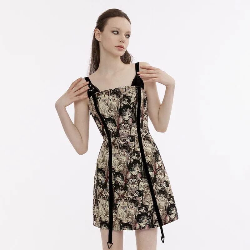 Women's Vintage Strappy Cat Printed Slip Dress