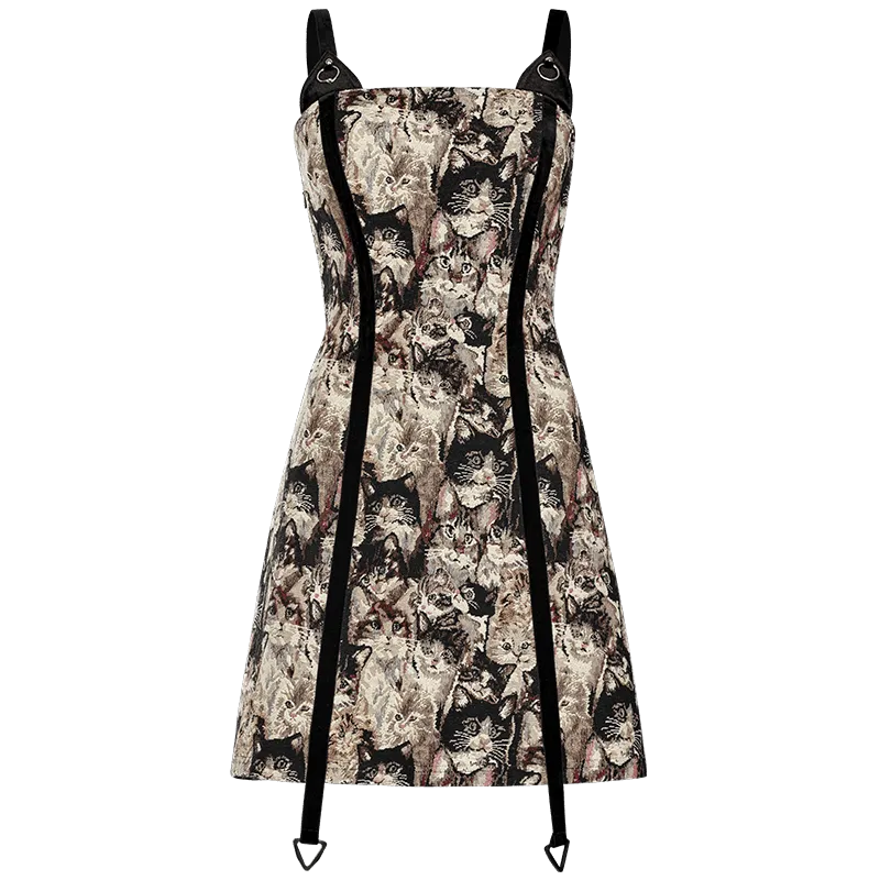 Women's Vintage Strappy Cat Printed Slip Dress